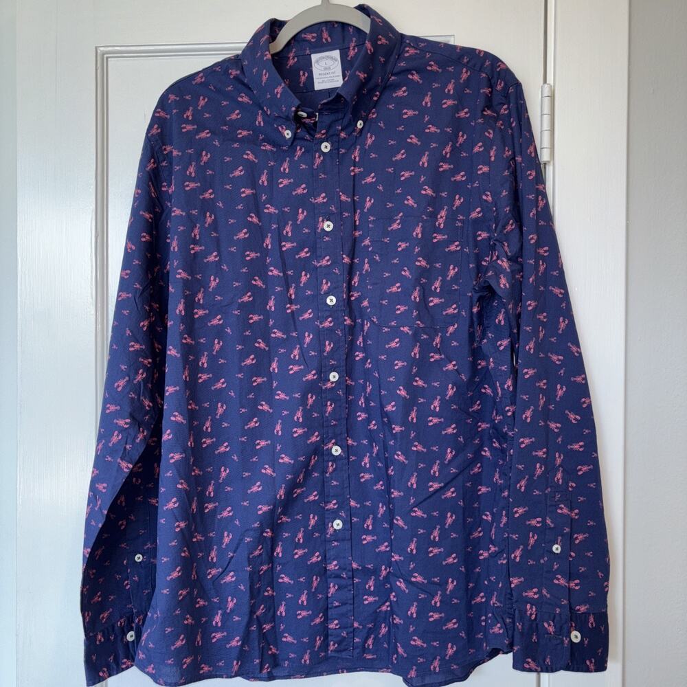 Brooks Brothers Mens Large Shirt Navy Blue With Red Lobster Regent Fit Button Up